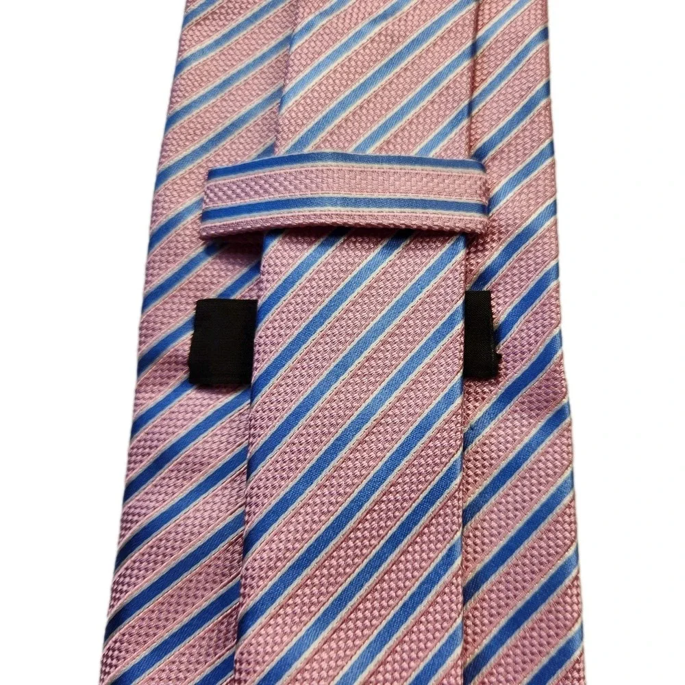 Tasso Elba 100% Silk Striped Repp Tie Hand‎ Made Pink Blue Stripes Mens Necktie